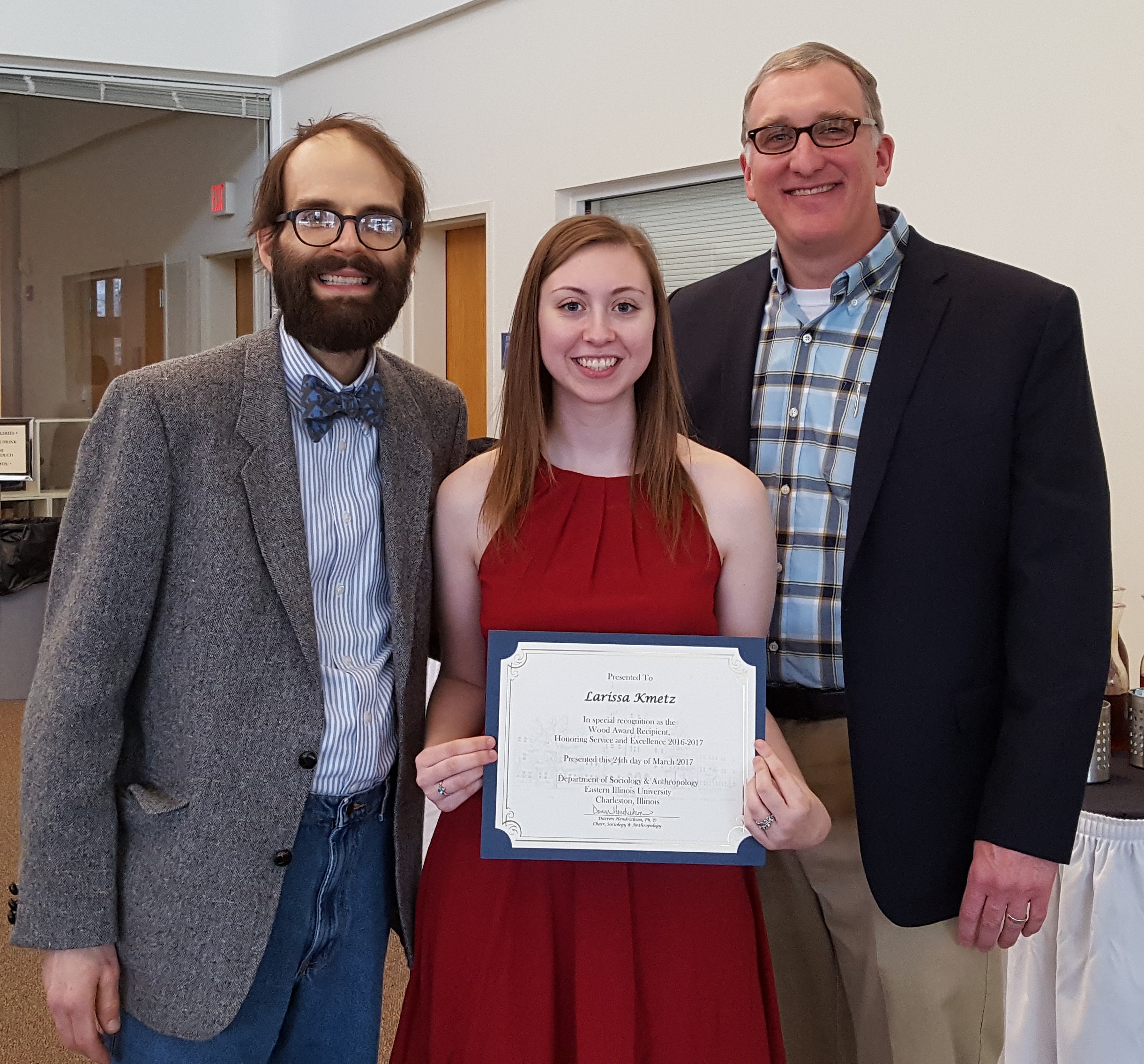 Larissa Kmetz, 2017 William G. Wood Award winner with Dr. Michael Gillespie (left) and Dr. Darren Hendrickson, Department Chair (right)